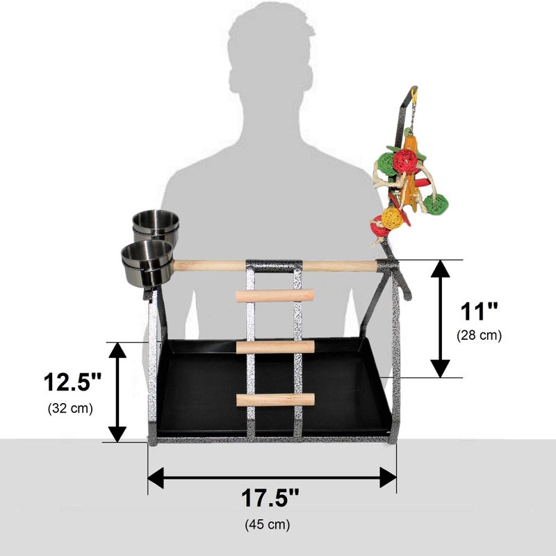 FDC Parrot Bird Perch Table Top Stand Metal Wood 2 Steel Cups Play for Medium and Large Breeds 17.5" x 12.5" x 11" - Image 3